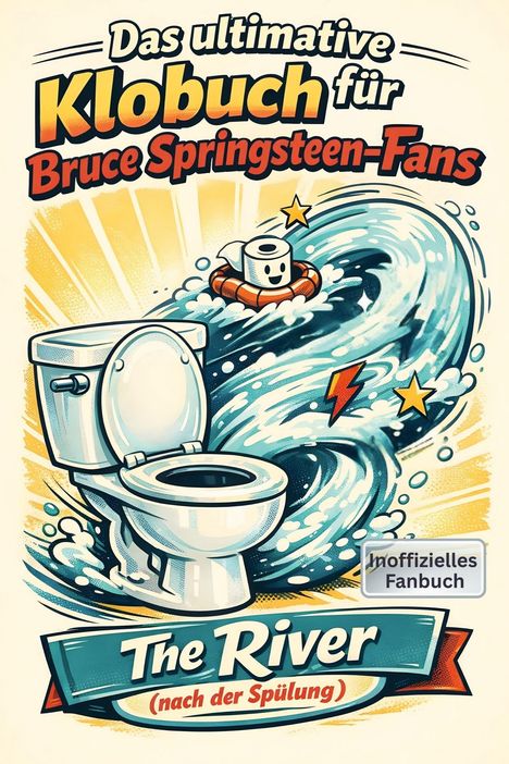 Texte: "Das ultimative Klobuch für Bruce Springsteen-Fans", "The River (nach der Spülung)", "Inoffizielles Fanbuch". Illustration zeigt eine Toilette und eine lachende Toilettenpapierrolle auf einem Rettungsring.