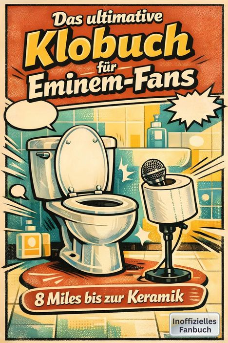 „Das ultimative Klobuch für Eminem-Fans“, „8 Miles bis zur Keramik“, „Inoffizielles Fanbuch“. Illustration einer Toilette.