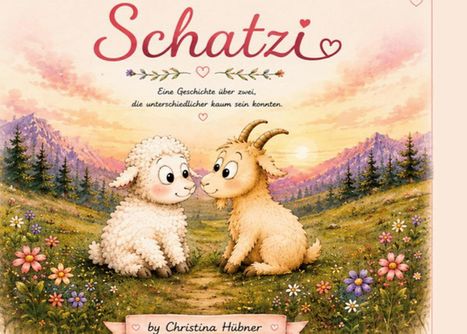 „Schatzi“ in geschwungener Schrift, darunter sitzen ein Lamm und eine Ziege in einer blumenreichen Berglandschaft.