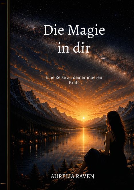 Text: "Die Magie in dir", "Eine Reise zu deiner inneren Kraft", "Aurelia Raven". Illustration: Frau sitzt am See bei Sonnenuntergang.