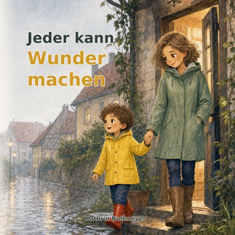 „Jeder kann Wunder machen“. Illustration zeigt eine Frau mit Kind in Regenmänteln, die Hand in Hand durch ein regnerisches Dorf gehen.