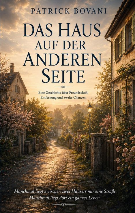 "Das Haus auf der anderen Seite" von Patrick Bovani. Ein Sonnenuntergang über einer ruhigen, von Häusern gesäumten Straße.