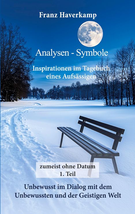 Ein winterlicher Park mit einer leeren Bank unter einem Vollmond, umgeben von schneebedeckten Bäumen und Wegen.