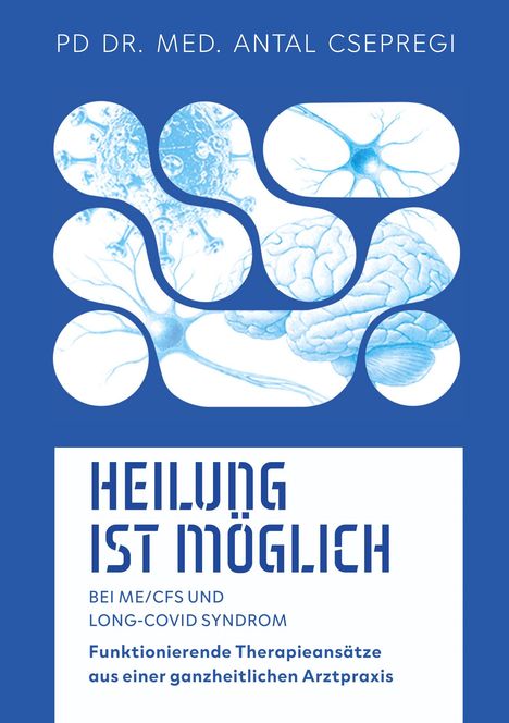 "Heilung ist möglich bei ME/CFS und Long-COVID Syndrom. Funktionierende Therapieansätze aus einer ganzheitlichen Arztpraxis." Ein blau-weißes medizinisches Cover mit Illustrationen von Gehirnen, Neuronen und Viren.