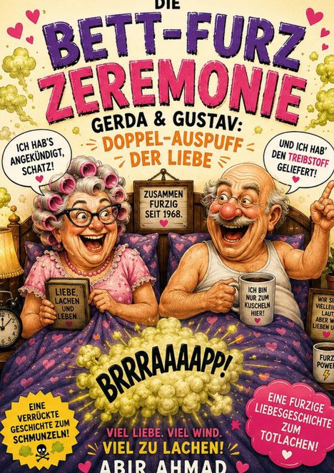 Titel: "Die Bett-Furz Zeremonie". Illustration mit zwei älteren Menschen lachend im Bett. Viele witzige Sprechblasen.