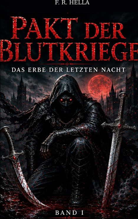 "Pakt der Blutkriege", "Das Erbe der Letzten Nacht", "Band I". Dunkle Gestalt mit Kapuze, zwei Schwerter, roter Mond im Hintergrund.