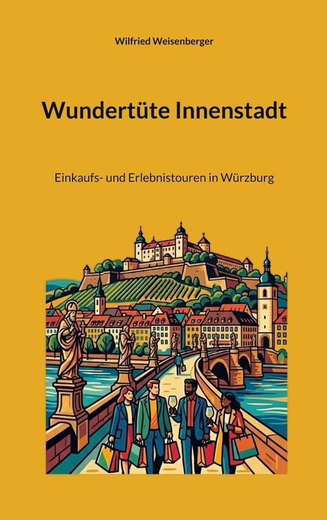 "Wundertüte Innenstadt," Einkaufs- und Erlebnistouren in Würzburg. Illustration: Menschen spazieren über Brücke mit Einkaufstaschen.