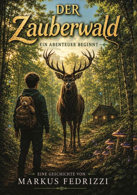 "Der Zauberwald – Ein Abenteuer beginnt. Eine Geschichte von Markus Fedrizzi." Ein Junge und ein Hirsch im Wald.