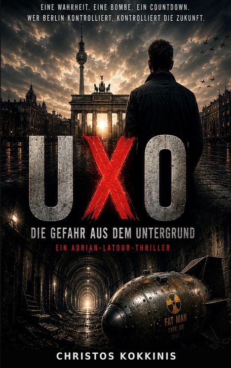 UXO: Die Gefahr aus dem Untergrund. Ein Mann vor dem Brandenburger Tor, dahinter ein Himmel voller Flugzeuge.