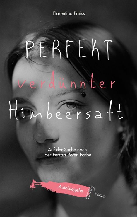 "Perfekt verdünnter Himbeersaft. Auf der Suche nach der Ferrari-Roten Farbe. Autobiografie." Schwarzweißfoto eines Gesichts.