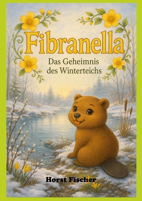 „Fibranella: Das Geheimnis des Winterteichs“, Illustration mit Biber, gelben Blüten und einem verschneiten Teich.