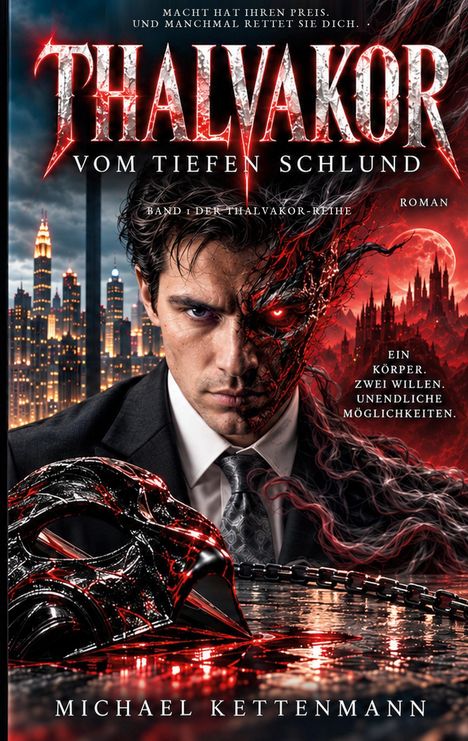 Titel: "THALVAKOR VOM TIEFEN SCHLUND". Ein Mann mit teils dämonischem Gesicht, maskiert, vor einer Stadt und rotem Hintergrund.