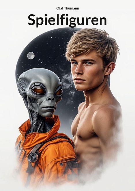 Text: Olaf Thumann, Spielfiguren. Illustration eines Aliens in oranger Jacke und eines jungen Mannes vor einem Mond.