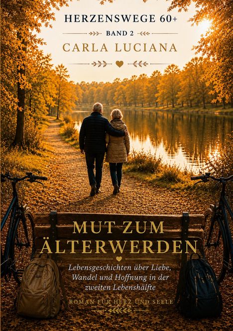 HERZENSWEGE 60+ BAND 2 CARLA LUCIANA. Zwei Menschen gehen einen herbstlichen Waldweg entlang eines Sees.