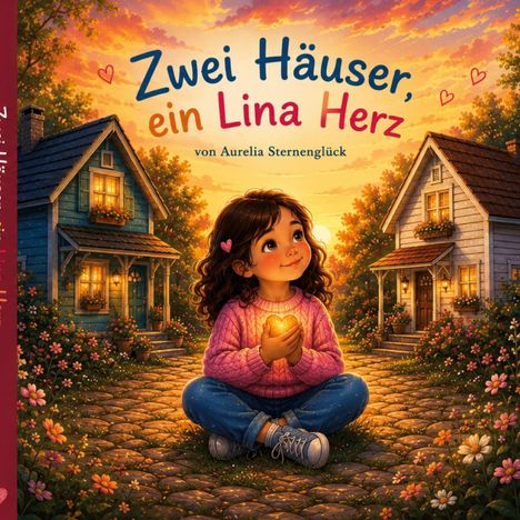 „Zwei Häuser, ein Lina Herz“ von Aurelia Sternenglück. Illustration: Mädchen hält leuchtendes Herz vor zwei gemütlichen Häusern.