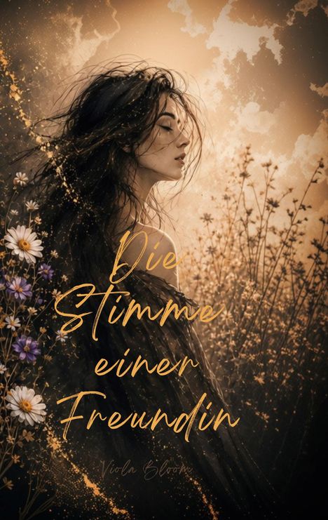 "Die Stimme einer Freundin" steht in geschwungener Schrift. Eine Frau mit langem Haar, Blumen und Natur, verträumtes Setting.