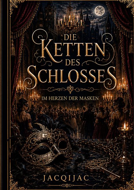 "Die Ketten des Schlosses", "Im Herzen der Masken", "JACQIJAC". Festlicher Ballsaal, Masken, Kronleuchter, roter Vorhang.