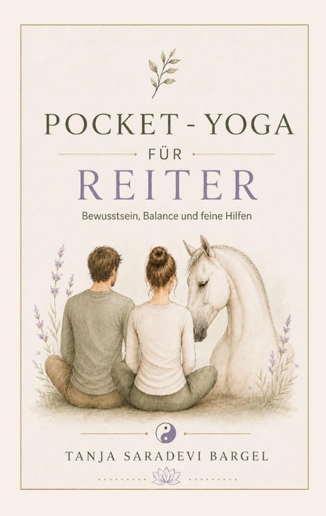 "POCKET-YOGA FÜR REITER: Bewusstsein, Balance und feine Hilfen." Illustration: Zwei Personen und ein Pferd sitzen im Kreis.