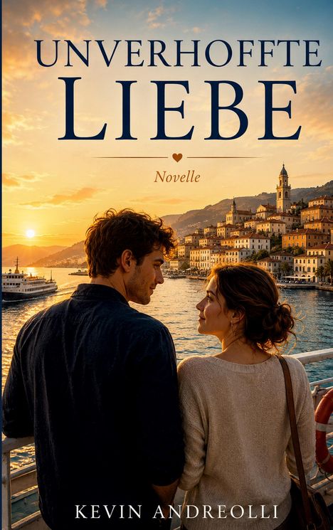 „UNVERHOFFTE LIEBE. Novelle. KEVIN ANDREOLLI.“ Zwei Personen auf einer Schiffsplattform vor malerischer Küstenstadt bei Sonnenuntergang.