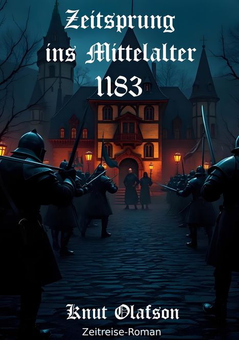 "Zeitsprung ins Mittelalter 1183", "Knut Olafson", "Zeitreise-Roman." Eine mittelalterliche Szene mit Rittern und einem Schloss.