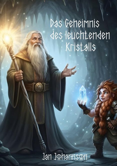 Text: "Das Geheimnis des leuchtenden Kristalls" und "Jan Johansson". Ein Zauberer mit Stab und ein Zwerg mit Kristall in einer Höhle.