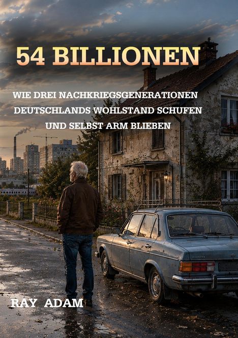 Titel: "54 Billionen". Untertitel: "Wie drei Nachkriegsgenerationen Deutschlands Wohlstand schufen und selbst arm blieben". Ein Mann vor einem alten Haus und Auto.