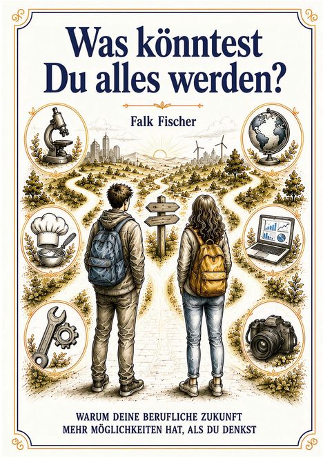 Buchtitel: "Was könntest Du alles werden?" von Falk Fischer. Zwei Menschen vor Gabelung. Symbole für Berufe um sie herum.