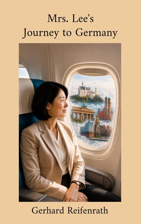 "Mrs. Lee's Journey to Germany". Eine Frau im Flugzeug schaut aus dem Fenster auf ikonische deutsche Wahrzeichen.