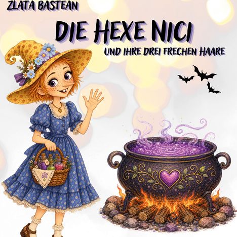 Text: "Zlata Bastean Die Hexe Nici und ihre drei frechen Haare." Illustration: Eine freundliche Hexe mit Hut und ein Kessel.