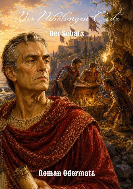 "Der Nibelungen Code - Der Schatz, Roman Odermatt." Eine historische Illustration mit Männern und einer Schatztruhe.