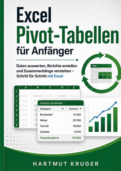 "Excel Pivot-Tabellen für Anfänger" in Grün und Schwarz. Grafiken: Pfeile, Tabelle, Diagramm. Unten der Name Hartmut Kruger.