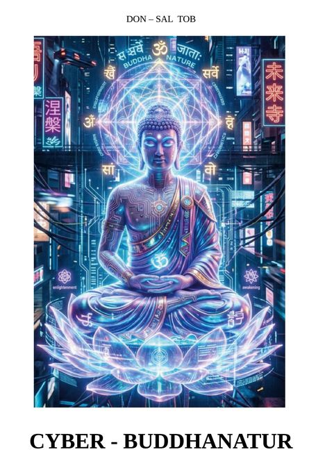 Oben: "DON – SAL TOB". Unten: "CYBER - BUDDHANATUR". Illustration eines Buddhastatues in einer futuristischen Stadt.