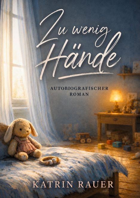"Zu wenig Hände. Autobiografischer Roman. Katrin Rauer." Ein warm beleuchtetes Kinderzimmer mit einem Stoffhasen.