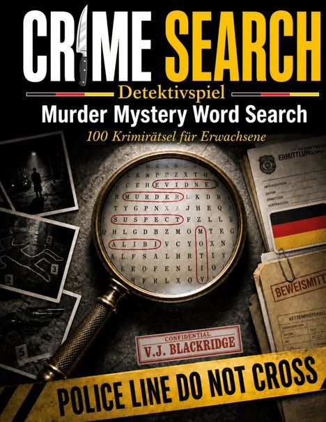 "CRIME SEARCH", "Detektivspiel", "Murder Mystery Word Search", "100 Krimirätsel für Erwachsene". Detektiv-Thema mit Lupe und Polizeiabsperrband.