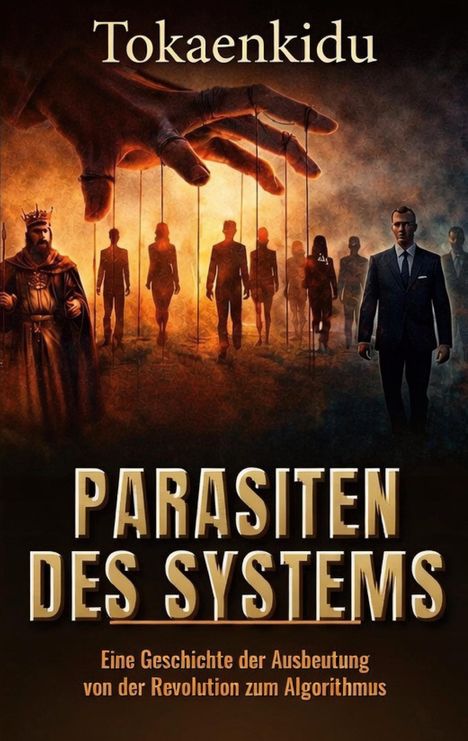"Tokaenkidu, PARASITEN DES SYSTEMS, Eine Geschichte der Ausbeutung von der Revolution zum Algorithmus."  
Große Hand lenkt Figuren.
