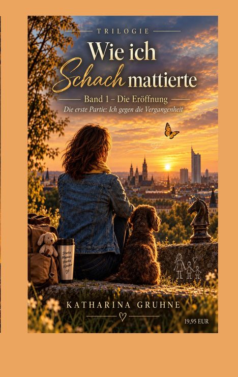 Trilogie: Wie ich Schach mattierte. Band 1 – Die Eröffnung. Frau mit Hund blickt auf Stadt bei Sonnenuntergang.