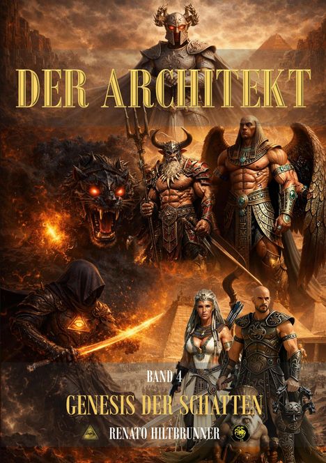 Texte: "DER ARCHITEKT", "BAND 4", "GENESIS DER SCHATTEN", "RENATO HILTBRUNNER". 

Szene: Krieger mit Rüstungen, mythologische Wesen, feurig-düstere Kulisse.