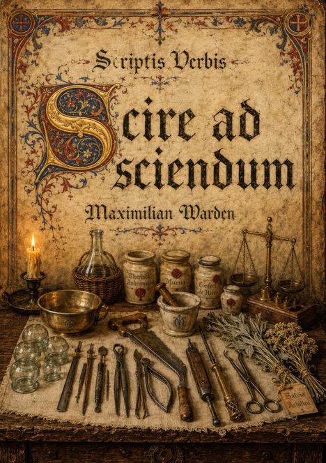 **Scire ad sciendum** in großer Schrift. Antike Apotheke mit Waage, Mörser, Flaschen, Kräutern und historischen Werkzeugen.