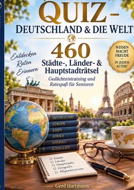 Titel: "QUIZ - DEUTSCHLAND & DIE WELT". Enthält globale Symbole, wie Eiffelturm, Globus und Bücherstapel.