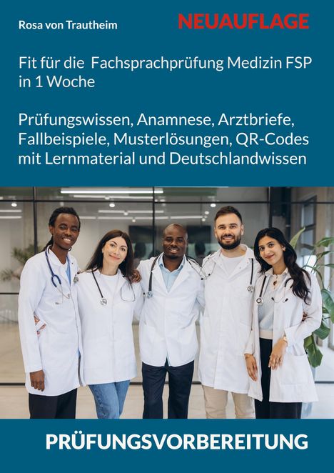 Titel: "Fit für die Fachsprachprüfung Medizin FSP in 1 Woche". Gruppe von fünf Ärzten in weißen Kitteln.