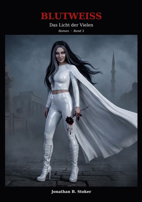 "BLUTWEISS. Das Licht der Vielen. Roman Band 3. Jonathan B. Stoker." Eine Frau in weißem Outfit hält eine blutende Rose.