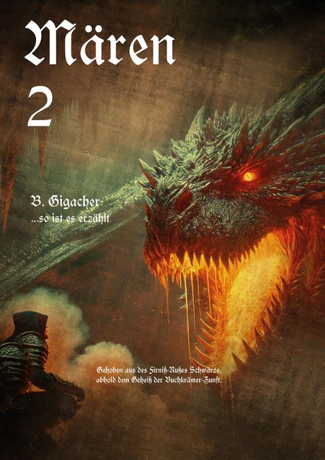 „Mären 2“, B. Gigacher, „...so ist es erzählt“. Ein Drache und ein Mensch in dunkler Kleidung mit Rauch.