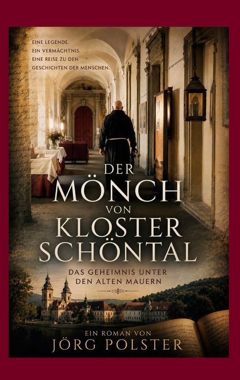 "Der Mönch von Kloster Schöntal" - Ein Mönch in einem Klosterflur, Blick auf historische Architektur und ein offenes Buch.