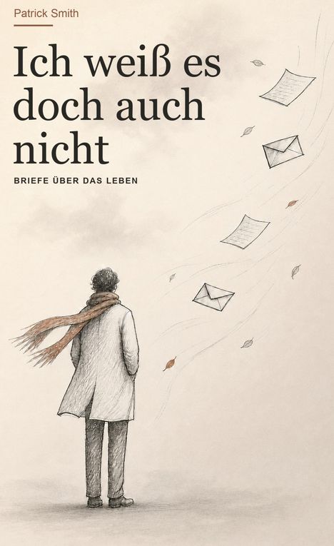 "Ich weiß es doch auch nicht. Briefe über das Leben." Illustration: Eine Person im Mantel, Papier und Blätter wehen im Wind.