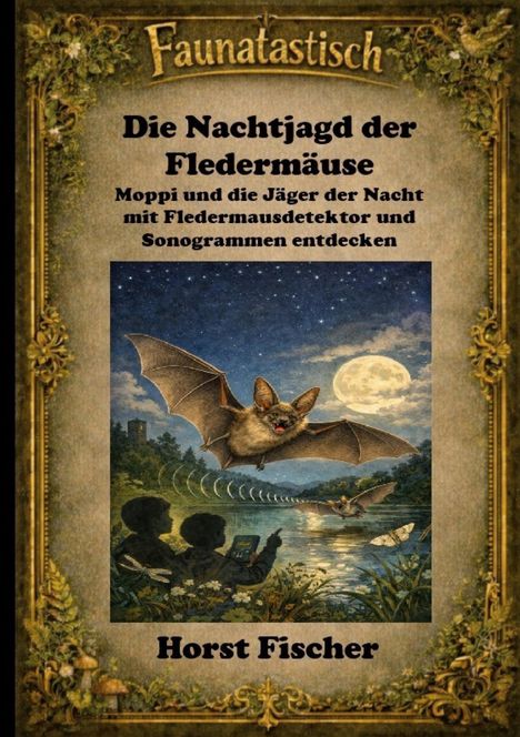 "Die Nachtjagd der Fledermäuse" von Horst Fischer. Illustration: Fledermaus fliegt über Wasser, Menschen mit Detektor.