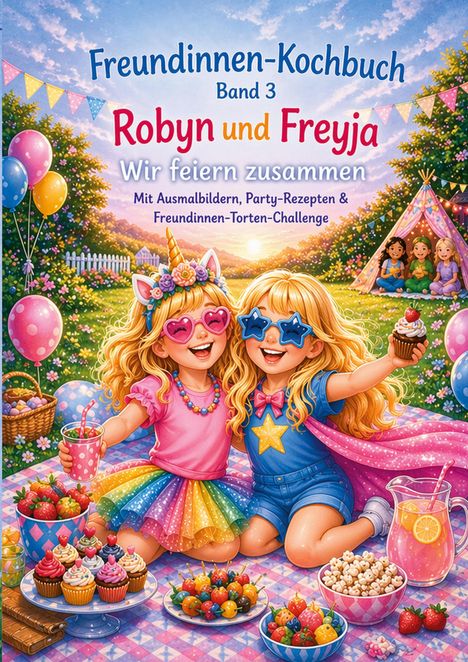 „Freundinnen-Kochbuch Band 3: Robyn und Freyja - Wir feiern zusammen.“ Zwei Kinder in bunten Outfits, Picknick.