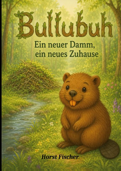 "Bullubuh: Ein neuer Damm, ein neues Zuhause" von Horst Fischer. Illustration eines fröhlichen Bibers im Wald.