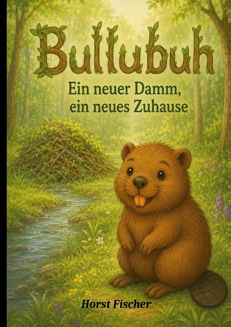 Titel: Bullubuk. Untertitel: Ein neuer Damm, ein neues Zuhause. Illustration: Fröhlicher Biber vor Fluss und Wald.