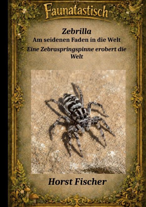 "Faunatastisch" oben, "Zebrilla" und ein Spinnentitel in der Mitte. Foto einer Zebraspringspinne auf einer Oberfläche.