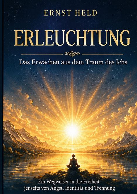 Titel: "ERLEUCHTUNG". Untertitel: "Das Erwachen aus dem Traum des Ichs". Szene: Mensch meditiert vor strahlender Sonne.